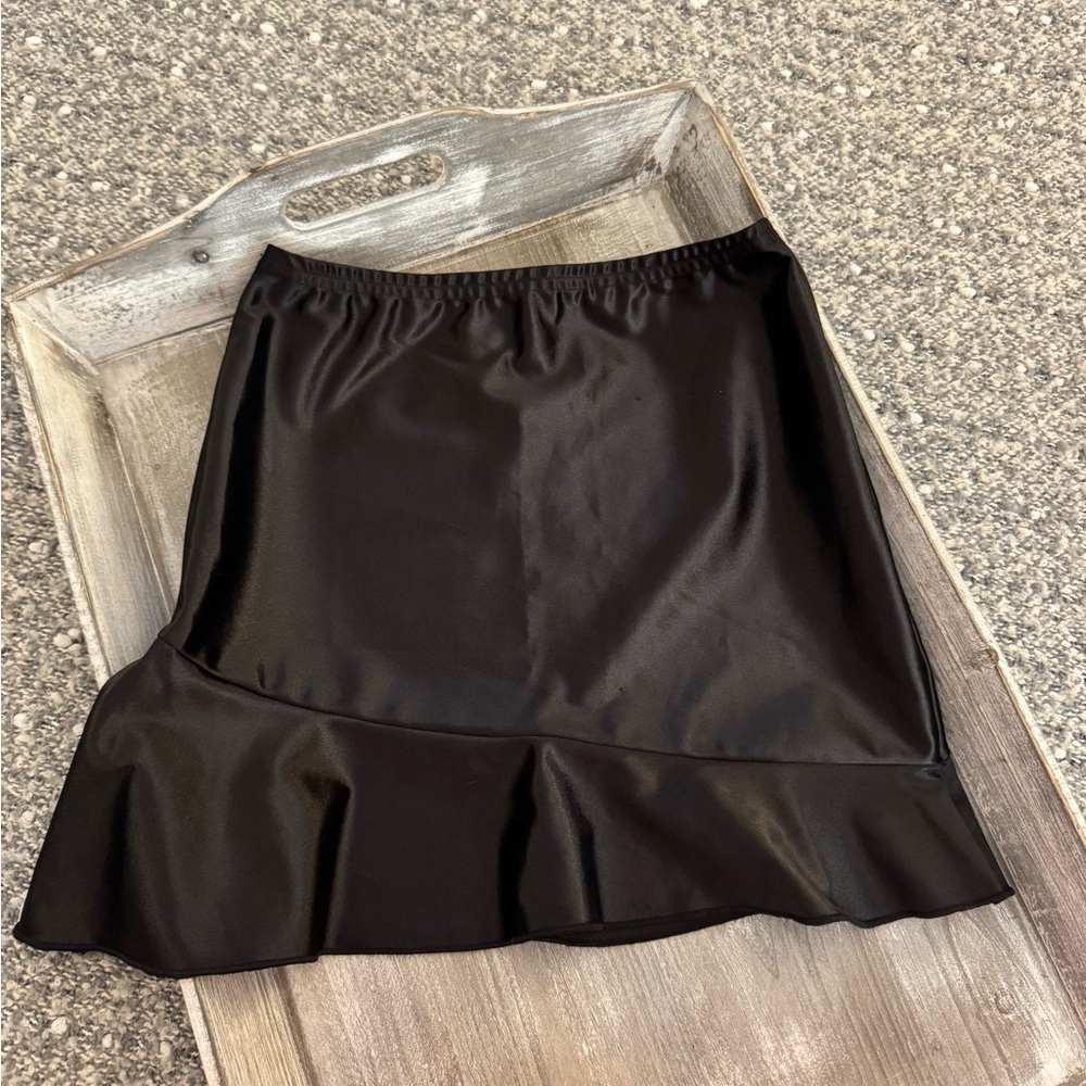 PrettyLittleThing black stretch satin mini skirt, frill hem, fitted
